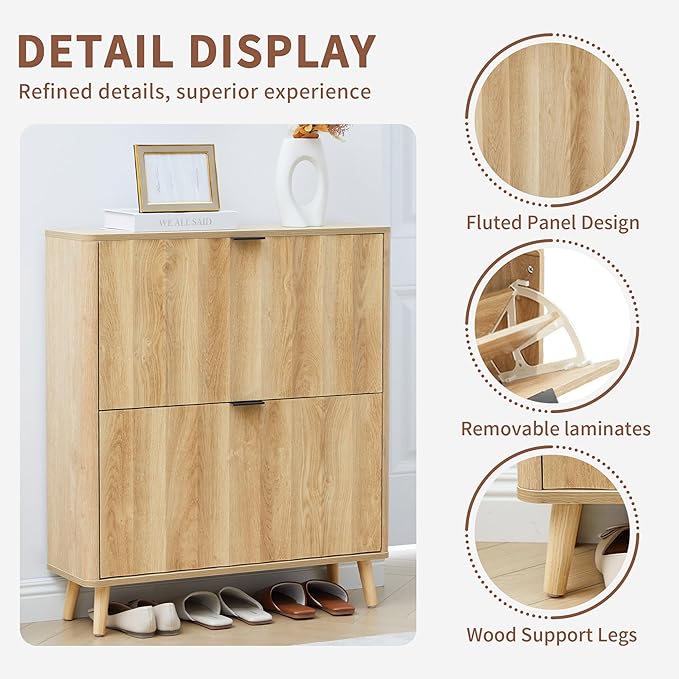 31.5” Fluted Shoe Cabinet Storage with 2 Flip Drawers,Narrow Freestanding Shoe Storage Organizer,Slim Shoe Rack Cabinet for Entryway,Hallway (Natural)