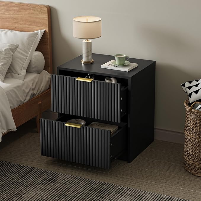3-Piece Dresser Bedroom Set, 5 Drawer Dresser & 2 Drawer Nightstands with Gold Handles, Fluted Wood Chest of Drawers for Bedroom, Living Room, Entryway, Black