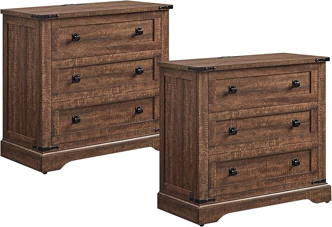 T4TREAM 32" Farmhouse Nightstand with Charging Station Set of 2, Large End Table with 3 Storage Drawers, Rustic Wood Bedside Table for Bedroom, Living Room, Reclaimed Barnwood Color