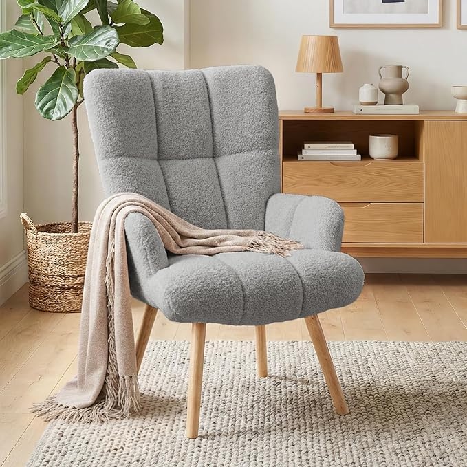 Joysoul Modern Accent Chair, High Back Arm Chair with Wood Legs Sofa Seat Teddy Fleece Fabric Reading Chair for Living Room Bedroom Waiting Room (Light Gray)