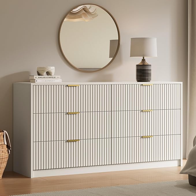 6 Drawer Dresser for Bedroom, 55" Wide Modern Chest of Drawers with Gold Metal Handles, Fluted Wood TV Stand for Living Room, Hallway(Beige)