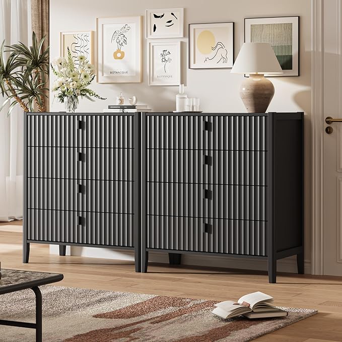 4 Drawer Dresser, Modern Chest of Drawers for Bedroom, Wood Fluted Dresser Organizer with Deep Drawers for Clothes, Nightstand for Bedroom, Hallway, Living Room, Entryway, Black