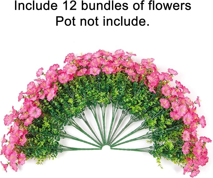 Artificial Flowers Fake Plants for Outdoors Decoration, 12 Bundles Pink Silk Morning Glory with Eucalyptus Realistic UV Resistant Faux Flowers Greenery for Outside Planter Yard Garden Home Indoor Urn