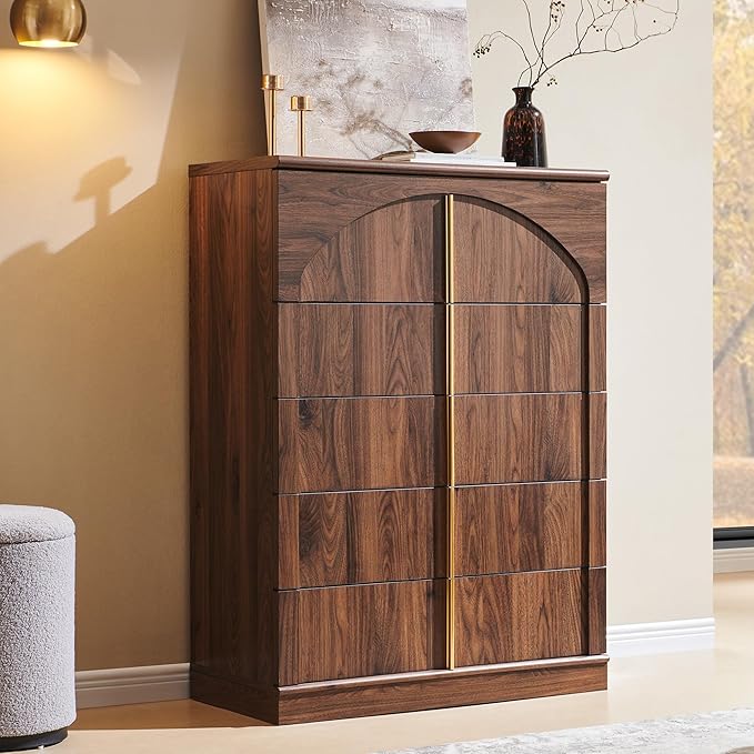 ACCOHOHO Modern 5 Drawers Dresser for Bedroom with Arched Panel,44" Tall Dresser for Closet with Metal Handles,Push-to-Open Wood Storage Closet Dressers Tv Stand for Living Room, Hallway,Brown