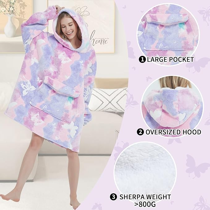 Glow in The Dark Butterfly Wearable Blanket Hoodie for Adult,Oversized Sherpa Fleece Blanket Hoodie for Women,Butterfly
