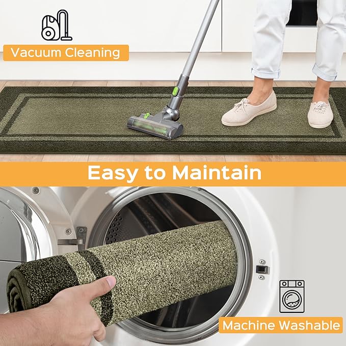Kitchen Rugs Set (24" x 36"+24" x 60"), Non-Slip Machine Washable Kitchen Runner Rugs, Absorbent Comfort Standing Mats for Kitchen, Laundry and Hallway, Rolled Packaging, Budding Green & Sage Green
