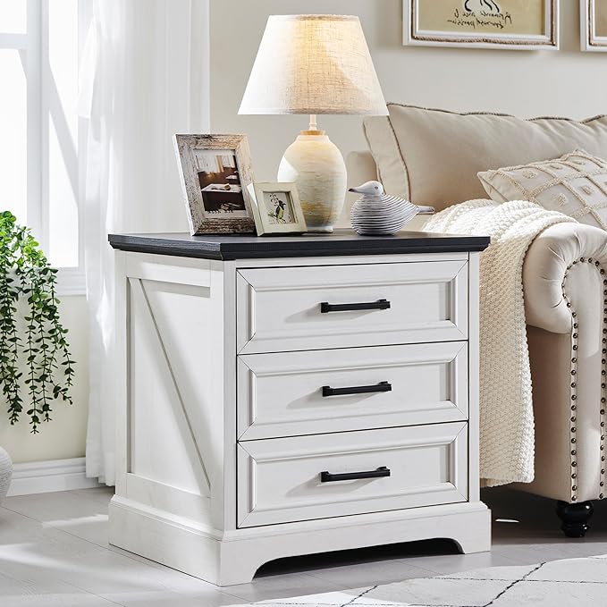 ACCOHOHO Farmhouse Nightstand with Charging Station, 22 Inch Wide End Table with 3 Large Drawers & Bar Handles, Rustic Wood Small Dresser Chest of Drawers for Bedroom, Living Room, Closet, Off White