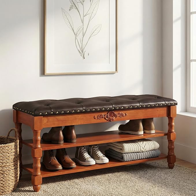 39-inch End of Bed Bench, Faux Leather Tufted Storage Bench with Lift Top Seat and 2 Tier Storage Shelves, Bedroom Bench Footrest Stool with Hidden Storage and Wood Leg, Vintage Style