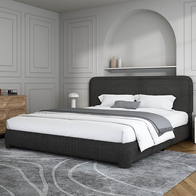 BarnFurin Boucle Upholstered California King Bed Frame/Soft Rounded Corners Headboard/Low Profile Bed Frame/No Box Spring Needed/Black