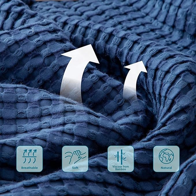 Bedsure Cooling Cotton Waffle Twin XL Blanket - Lightweight Breathable Blanket of Rayon Derived from Bamboo for Hot Sleepers, Luxury Throws for Bed, Couch and Sofa, Navy, 66x90 Inches