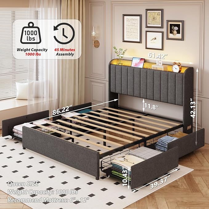 Queen Bed Frame with 4 Drawers and Storage Headboard, Upholstered Platform Bed Frame Queen Size with Led Lights and Handy Charging Station, No Box Spring Needed, Easy Assembly, Noise Free, Gray