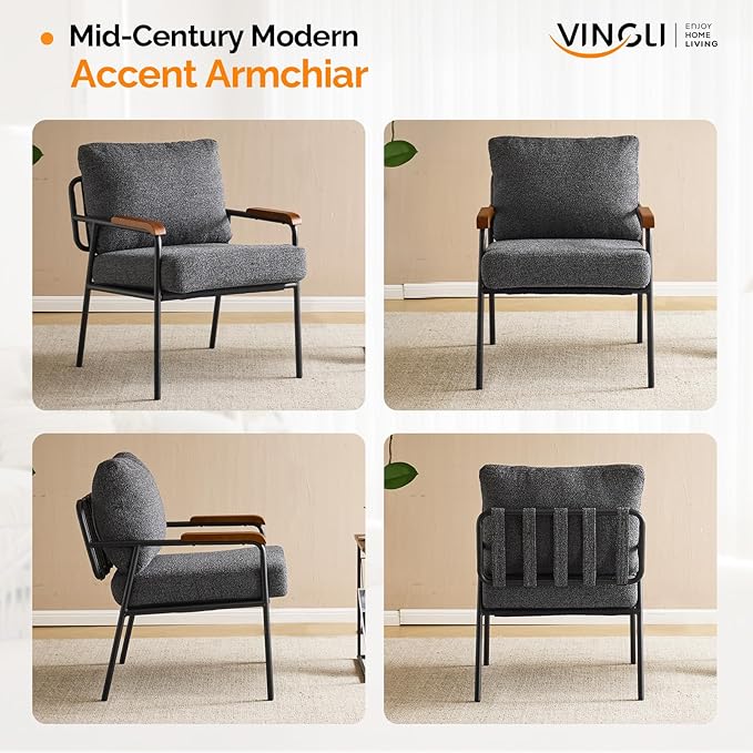 VINGLI Mid-Century Modern Accent Armchiar for Small Space, Small Comfy Upholstered Leisure Reading Chair with Wood Armrest for Bedroom, Living Room, Waiting Room, Linen Grey