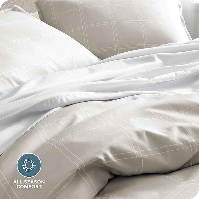 Bare Home Bedding Duvet Cover Queen Size - Premium 1800 Super Soft Collection - Lightweight, Duvet Cover - Soft Textured Bedding (Queen, Modern Plaid - Stone/White)