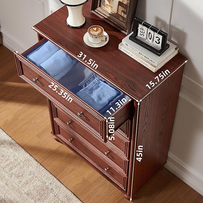 Farmhouse Dressers & Night Stand Set of 4, Wood 54" Wide 6 Drawer Dresser & 45" Tall Chest of Drawers, 18" Roman Column Nightstand Set of 2, Bedroom Furniture Dresser Sets for Home Living Room Hallway