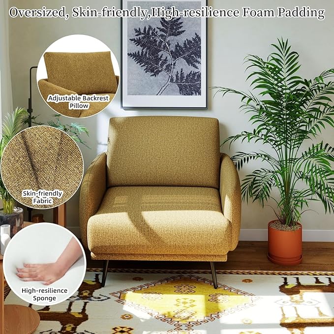 Oversized Accent Chair for Living Room Cozy Reading Chairs Mid-Century Modern Accent Chairs Armchair with Metal Legs Single Sofa Chair for Home Office (1-PCS, Polyester Fabric- Pumpkin Orange)