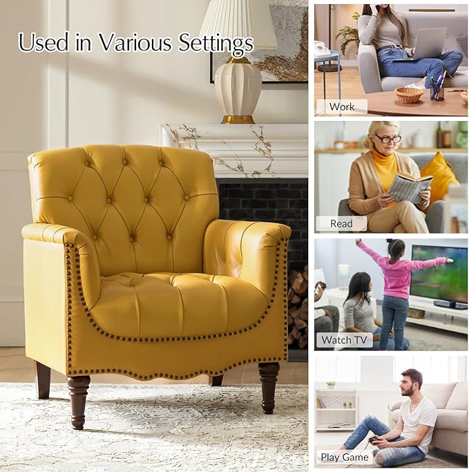 HULALA HOME Mid Century Modern Leather Club Chairs, Top-Grain Genuine Leather Armchairs with Button-Tufted Back & Solid Wood Legs, Accent Chairs for Living Room/Bedroom/Home Office, Yellow