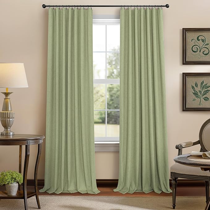 Light Sage Green Short Blackout Curtains for Small Bathroom Window Kitchen Door Back Tab Pocket 45 Inch Length 2 Panel Linen Look Noise Reducing Dampening Vintage Moody Curtain for Room Divider Closet