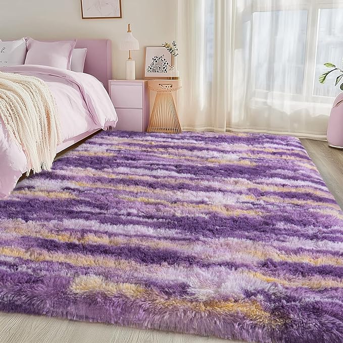 Fluffy Rugs for Living Room Bedroom, 4x6 Feet Abstract Purple Shag Area Rug, Non-Slip Indoor Modern Fuzzy Plush Floor Carpet for Dorm Nursery Kids Room Decor, Soft Shaggy Throw Rug