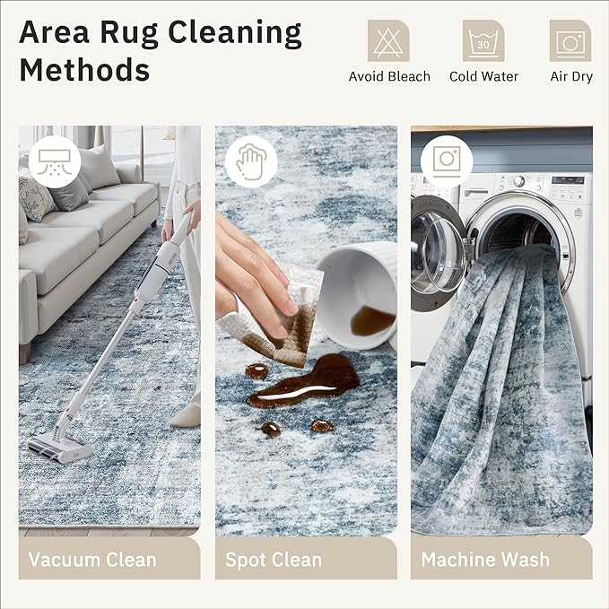 2x3 Abstract Washable Rugs for Kitchen, Floor, Entryway, Powder Room Small Area Rug Non-Slip Vintage Rug Low Pile Throw Door Mat Blue