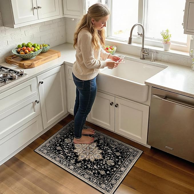 Area Rugs 2'x3' Washable Non-Slip, Floral Vintage Distress Print Pattern Medallion Carpet for Living Room Bedroom Dining Room, Black Brown Neutral Dark Tan