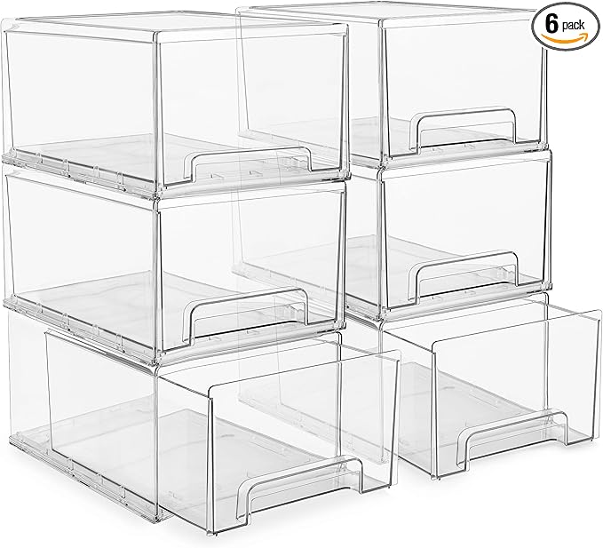 Sorbus Large Clear Stackable Storage Drawers – 6-Pack Plastic Organizer Bins with Handles – Stackable Pull-Out Storage Drawers for Closet, Pantry, Office, Bathroom, Craft, and Toy Organization