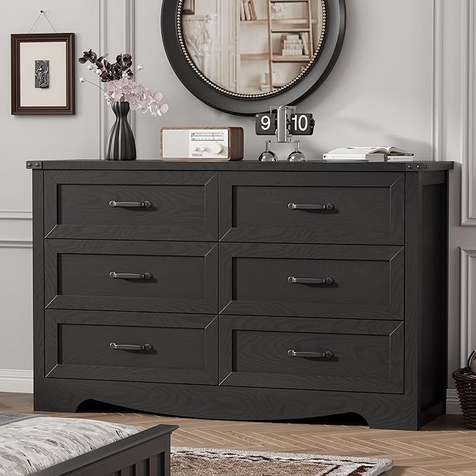Dresser for Bedroom with 6 Drawers, 54" Wide Wood Chest of Drawers with Deep Drawers & Mental Handle, Modern Dresser TV Stand, Wooden Closet Storage Organizer for Living Room, Hallway, Entryway, Black