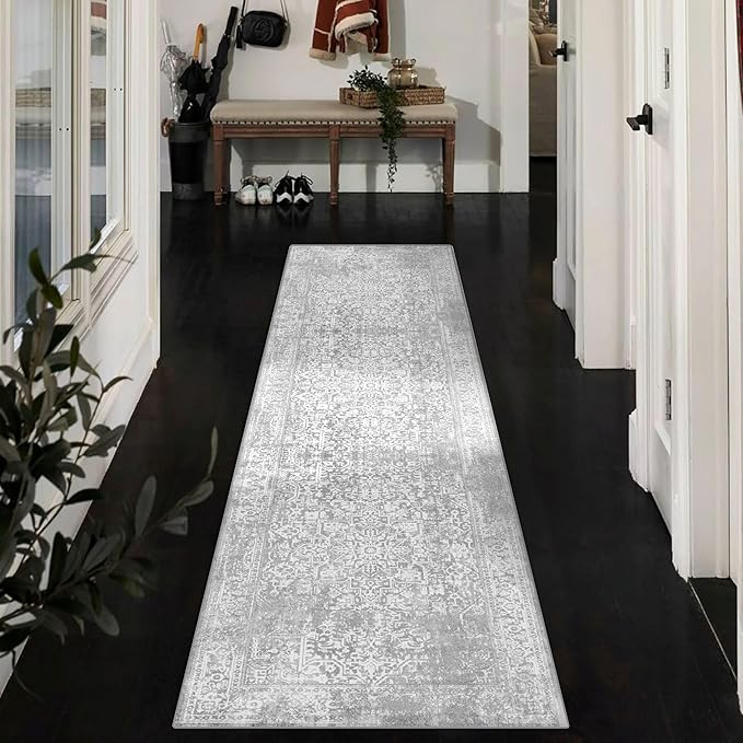vivorug Runner Rug 2'x8' Vintage Washable Non-Slip Runners for Hallways Kitchen Entryway Laundry Room Carpet Hallway Runner Ivory/Silver