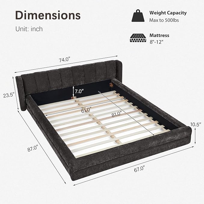 DEINPPA Queen Size Bed Frame with Cloud Soft Headboard, Chenille Upholstered Grounded Wood Base Bed Frame, No Box Spring Needed-Dark Grey