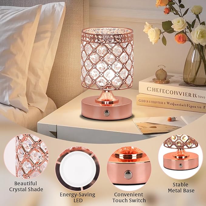 TOBUSA Crystal Rechargeable Cordless Table Lamps Set of 2, Wireless Lamps with 3 Color Temps & Stepless Dimming, Portable 6000mAh Battery Operated Lamps, Rose Gold Small Desk Lamps for Bedroom Bar