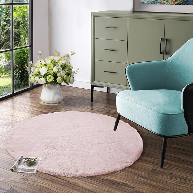 Latepis Fuzzy Light Pink Round Rug 4ft Soft Faux Rabbit Fur Washable Non-Slip Shaggy Furry Rug for Living Room Cute Throw Rugs for Bedroom Playroom Nursery Dorm