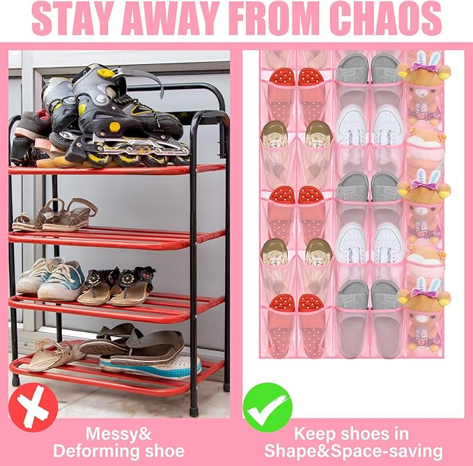 Windyun 40 Over the Door Shoe Organizer Large Breathable Mesh Pockets Pink Hanging Shoe Rack for Closet Behind Door Hanger Storage Holder Nonslip Hooks for Women Entryway Bedroom Utility Room