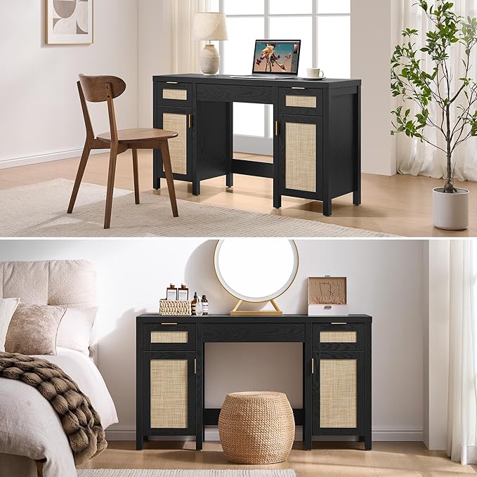 SICOTAS 2 Pieces Rattan Vanity Home Office Desk - Big Boho Makeup Vanities Benches with Drawers & Storage Cabinets, Dressing Vanity Table for Makeup Room, Bedroom, Home Office, Black Oak