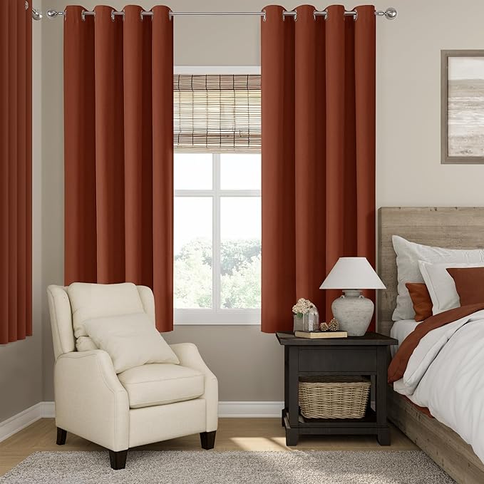 ChrisDowa 100% Blackout Terracotta Solid Curtains 63 Inches Long 2 Panels for Bedroom Living Room,Farmhouse Room Darkening Thermal Insulated Soundproof Grommet Top Window Treatment Drapes,52x63