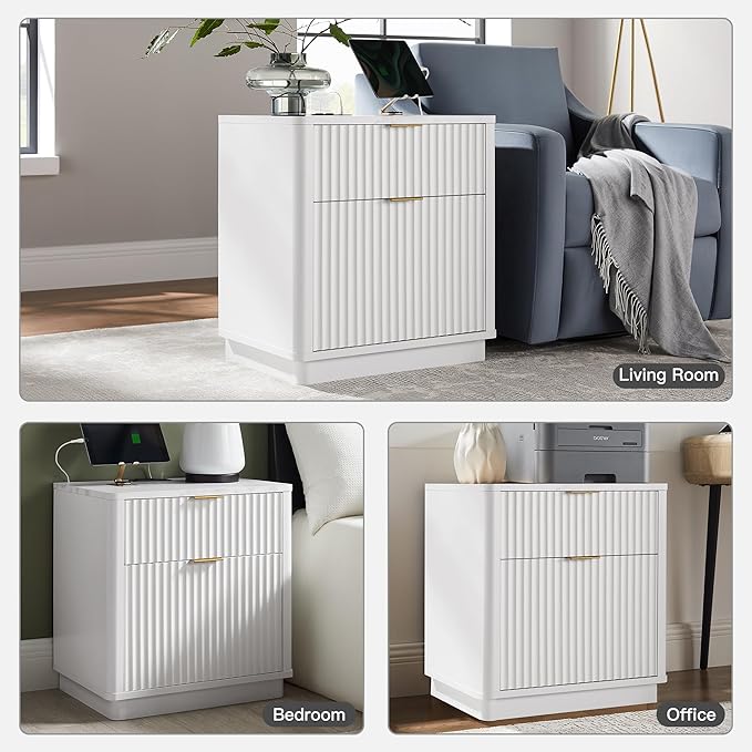 T4TREAM 23'' Fluted Nightstand Set of 2 with Charging Station, Large 2 Drawer Bedside Table, Modern End Table with Storage, Mid Century Night Stand for Bedroom Living Room, Curved Profile, Solid White