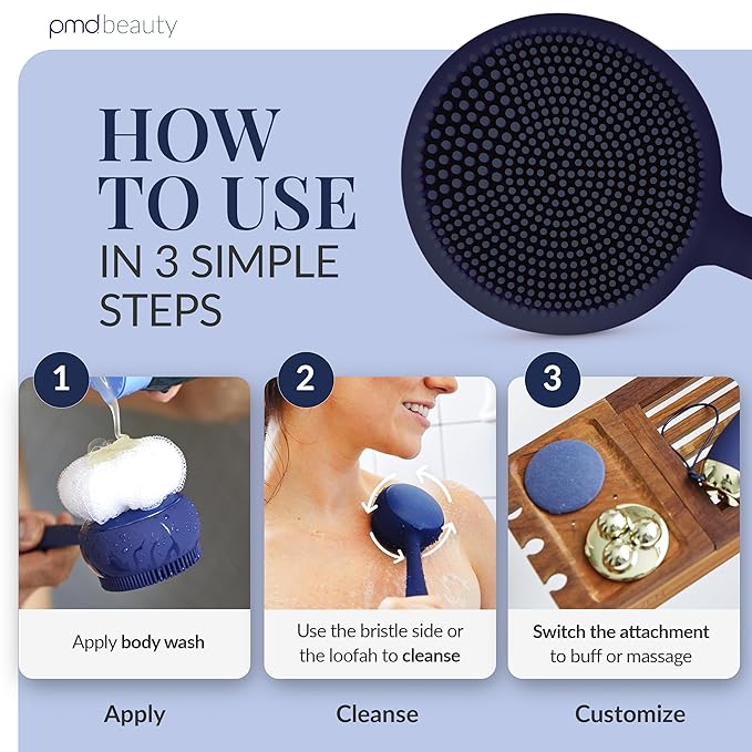 PMD Clean Body - Smart Body Cleansing Device with Silicone Brush & Three Interchangeable Attachments - Waterproof - SonicGlow Vibration - Cleanse, Exfoliate, & Massage Body