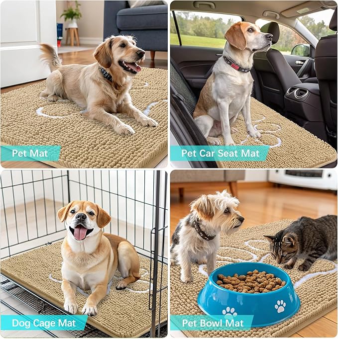 OLANLY Dog Door Mat for Muddy Paws 59x35, Paw Print Design, Absorbs Moisture and Dirt, Absorbent Non-Slip Washable Doormat, Quick Dry Chenille Mud Mat for Dogs, Entry Indoor Entryway Carpet, Beige