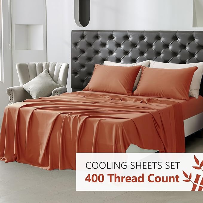 Linen World Queen Size 400TC Cooling Bed Sheet Set - 100% Organically Grown Viscose Sheets, Silky Soft & Breathable, Deep Pocket Fits Up to 16", 4-Piece Sheets with Pillowcases,Caremel