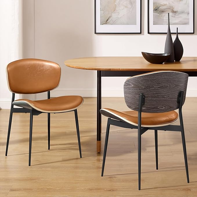 Art Leon Faux Leather Dining Chairs, Set of 2, Mid Century Modern Desk Chair No Wheels, Armless Accent Chair with Black Metal Legs, Brown/Gray Oak