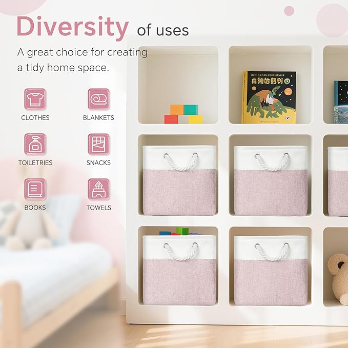 Cube Storage Bins, 6 Pack 11x11 inch with Cotton Handles for Closet, Shelves, Clothes, Towel (White/Pink)