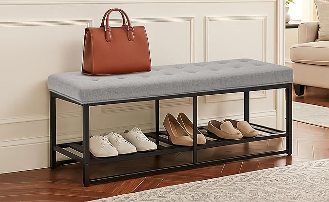 Storage Ottoman Bench with Upholstered Tufted Linen Fabric, Large End of Bed Bench with Iron Frame Rectangular Foot Stool for Living Room, Bedroom, Entryway Gray
