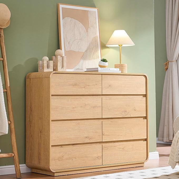 Chest of Dressers with 8 Drawers, 47’’ Wide Dresser with Anti-Tipping Device, Clothes Organizer for Bedroom, Natural Drawer Closet with Arc Design.