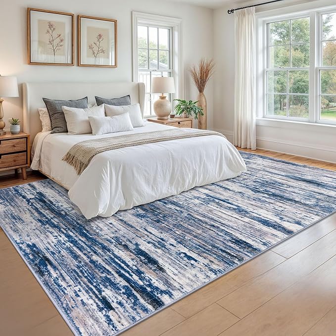 9x12 Modern Abstract Area Rug for Bedroom, Navy Blue Gray Neutral Multi Large Super Soft Washable Rug with Non-Slip, Non-Shedding Rugs for Living Room, Indoor Door Mat for Office Home Décor
