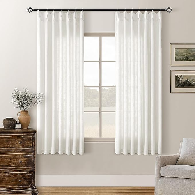 Beige White Pinch Pleated Linen Curtains 63 Inch Length 2 Panels for Dining Room Kitchen Bedroom Semi Sheer Pleat Drapes with Hooks Rings Light Filtering Short Window Curtain Cabinet 40x63