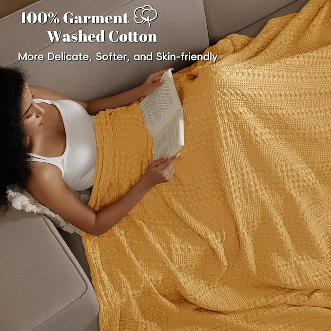 PHF 100% Cotton Waffle Weave Blanket Queen Size for Bed, Soft Lightweight & Breathable, All-Season Comfort, Luxury Aesthetic Woven Bedding for Home Decor, 90"x90", Pumpkin Orange