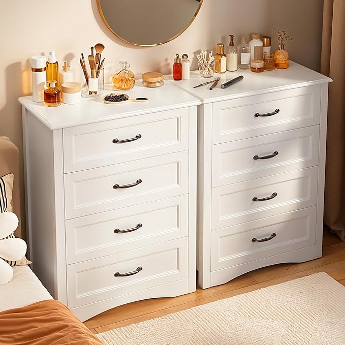 Gizoon Dresser for Bedroom with 4 Drawers Wooden Chest of Drawers for Closet Dresser Storage Unit Organizer for Hallway Living Room and Office, White