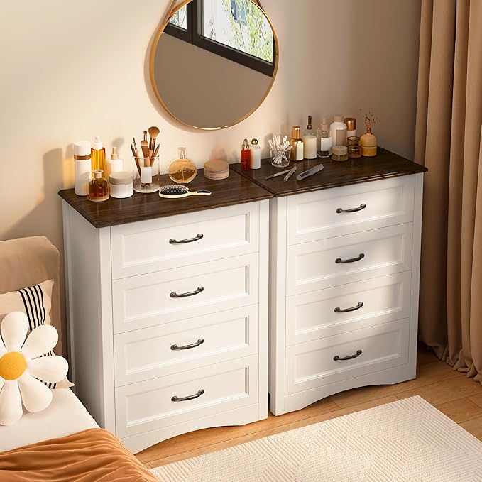 Gizoon Dresser for Bedroom with 4 Drawers Wooden Chest of Drawers for Closet Dresser Storage Unit Organizer for Hallway Living Room and Office, White and Rustic