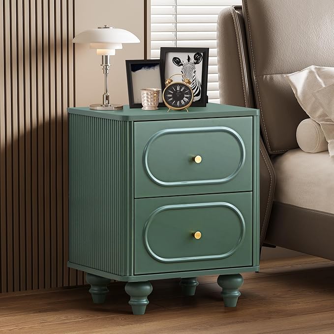 2 Drawer Fluted Mini Small Dresser for Bedroom Set of 2, Mid Century Modern Nightstand Bedside End Table, Wood Storage Dresser Organizer for Bedroom, Green