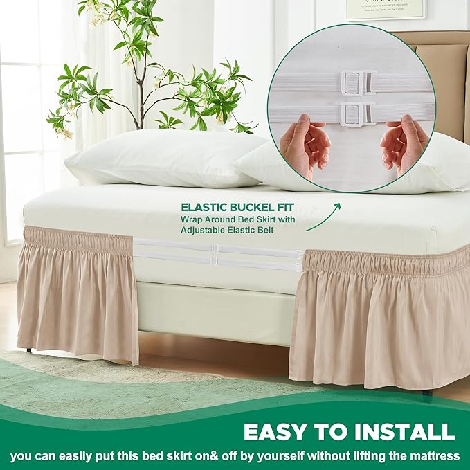 Biscaynebay Wrap Around Bed Skirts for Queen Beds 16" Drop, Sand Adjustable Elastic Dust Ruffles Easy Fit Wrinkle Resistant Silky Luxurious Fabric Machine Washable