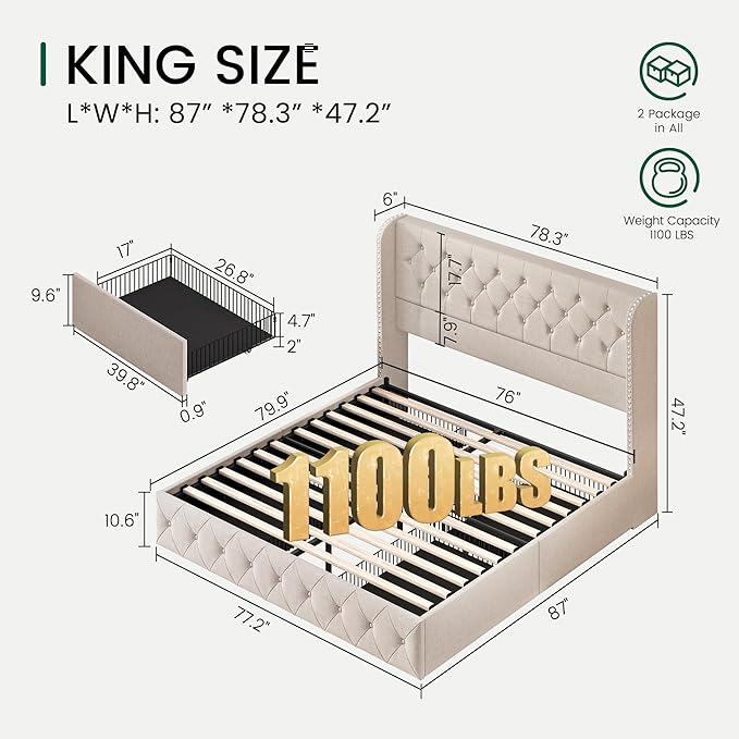 LARMACE King Size Bed Frame with 4 Storage Drawers and Tufted Headboard Linen Upholstered Platform Bed Frame Wingback Beds with Wooden Slats Support, Easy Assembly, Beige