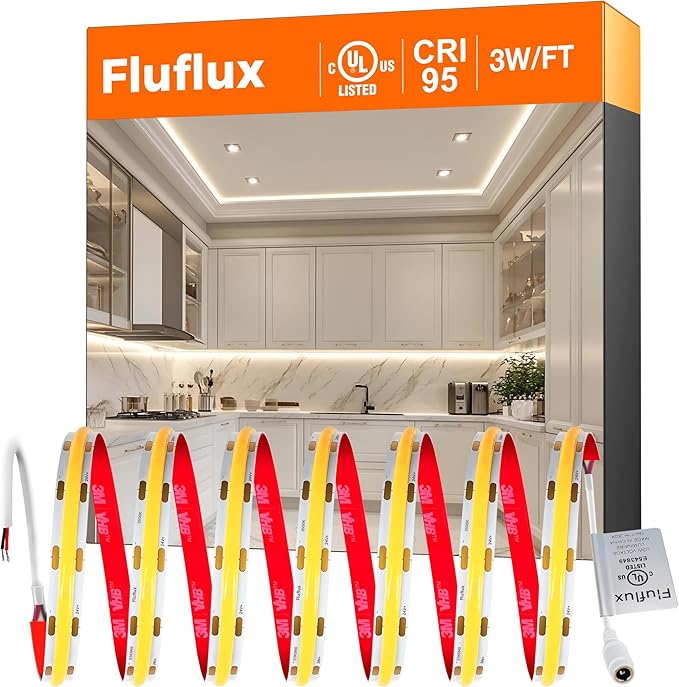 3500K COB LED Strip Lights, Premium Tape Light with Strong 3M VHB Tape, CRI 95, UL Listed, Cuttable, Dimmable, Flexible, 24V DC for Retail Stores, Displays, Windows (NO Power Supply)